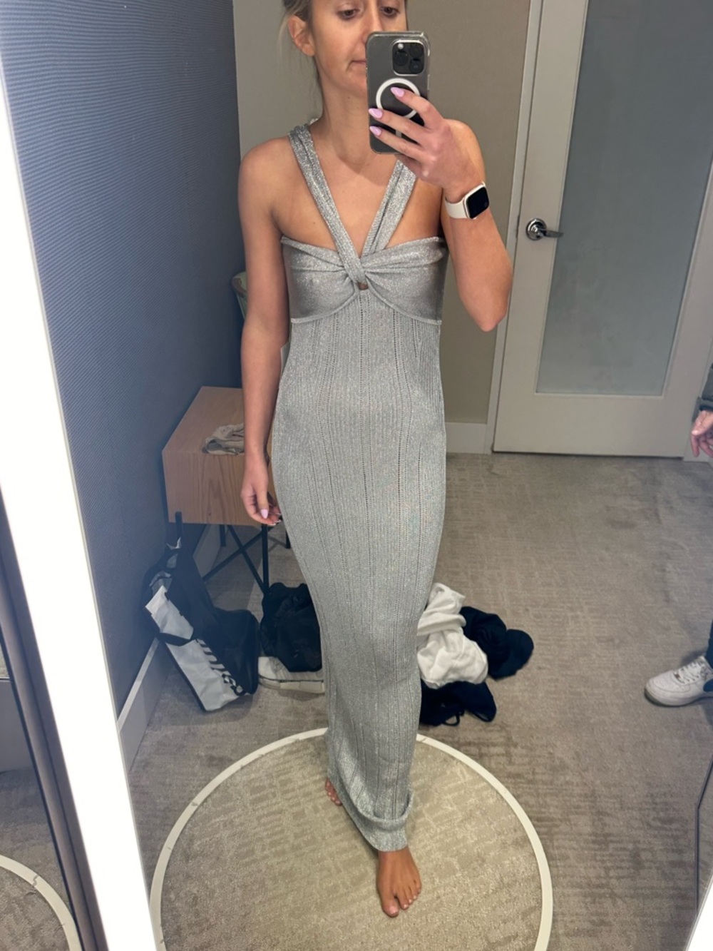 Herve Leger Silver Metallic Midi Dress with Twist Front